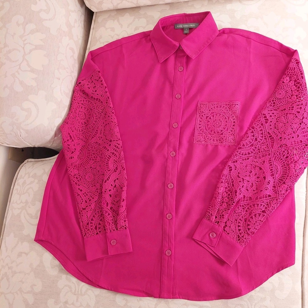 NEW! Kate & Mallory Lace-Sleeve and Pocket Oversized Blouse Magenta Size Small